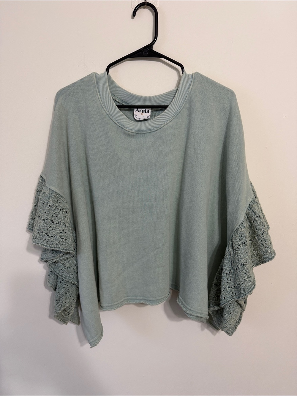 ARULA Sage Green Crochet Ruffle Sleeve Sweatshirt
